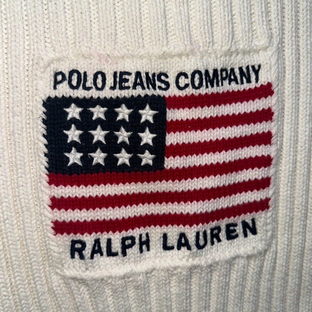 Polo Ralph Lauren American Flag Sleeveless Sweater Cream Cotton Ribbed 90s L - Picture 4 of 5